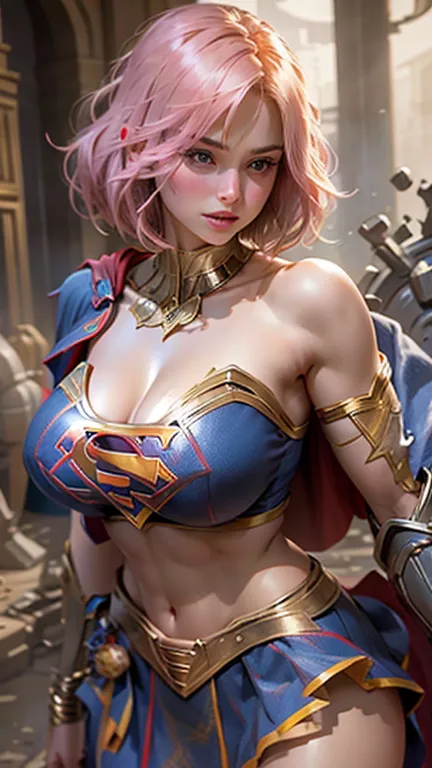 beautiful woman short hair defined body big breasts, wearing supergirl cosplay