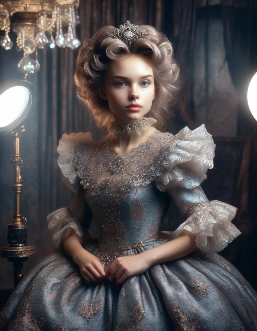 realistic portrait of a Soviet girl in old photo studio, dark light, heavy atmosphere, soft colors of the dress, light-skinned face, Rembrandt light, Andrea Kowch style