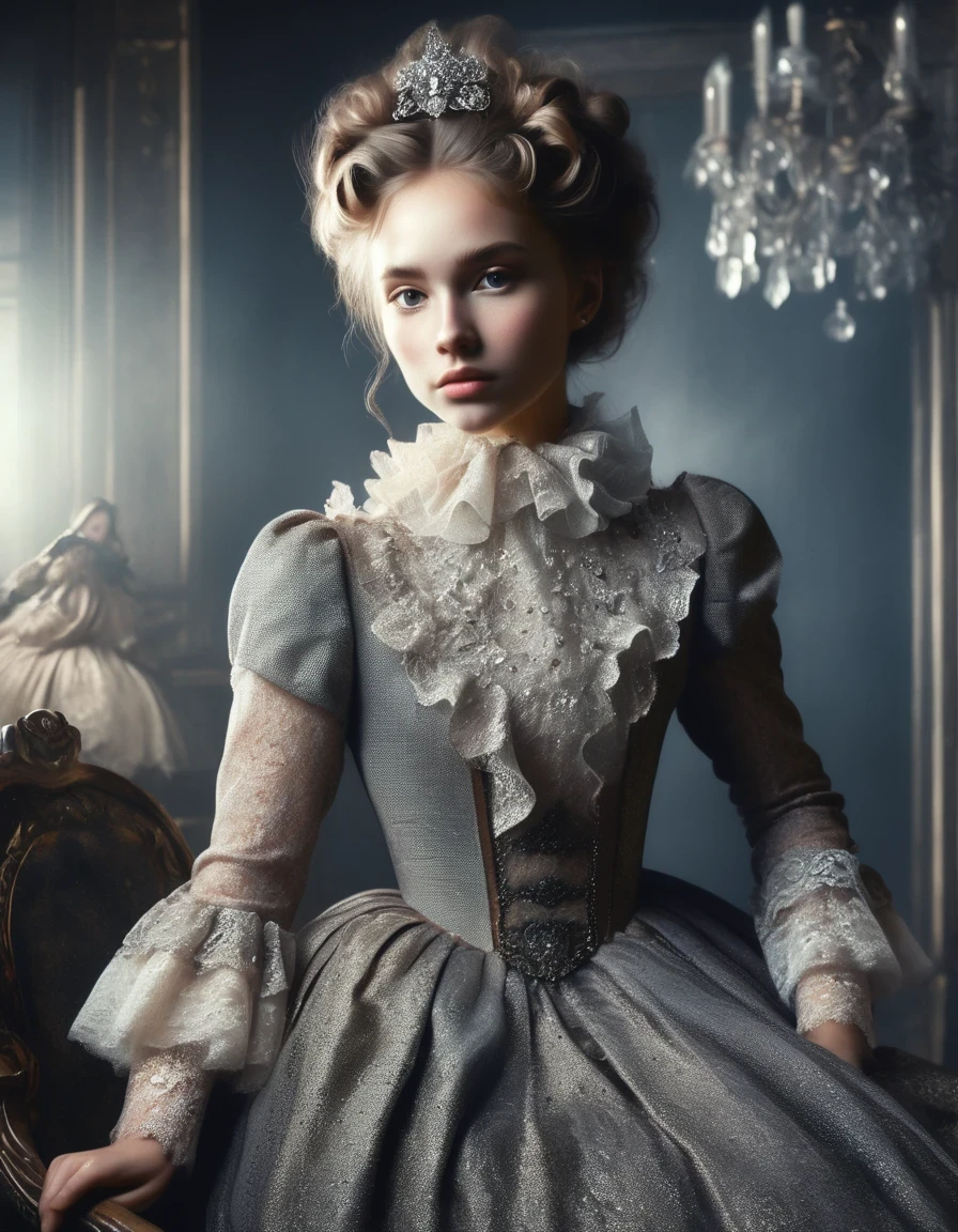 realistic portrait of a Soviet girl in old photo studio, dark light, heavy atmosphere, soft colors of the dress, light-skinned face, Rembrandt light, Andrea Kowch style