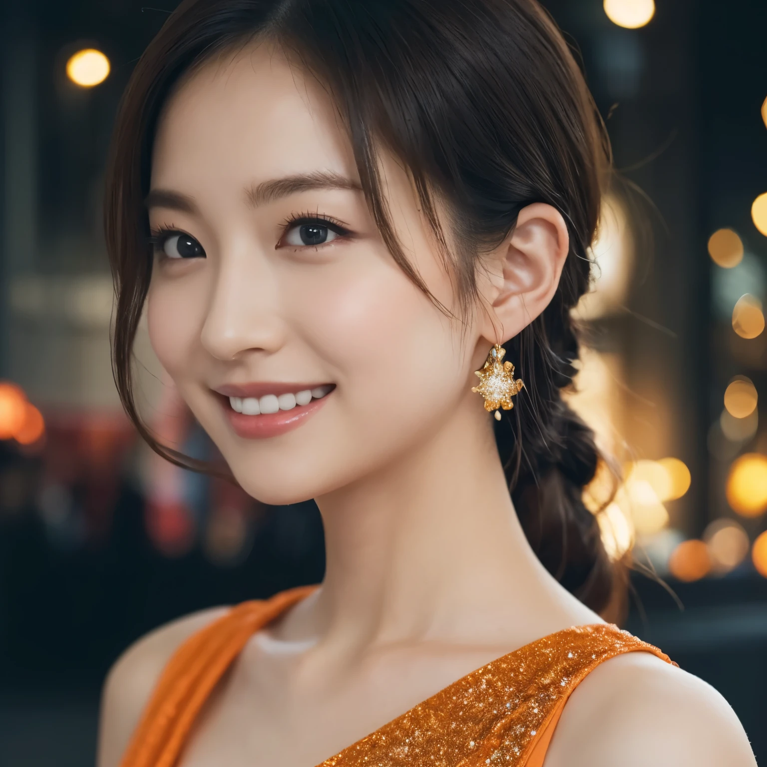 One Girl, (wearing an orange glitter dress:1.2), (RAW Photos, highest quality), (Realistic, Photorealistic:1.4), Tabletop, Very delicate and beautiful, Very detailed, 2k wallpaper, wonderful, In detail, Very detailed CG Unity 8k wallpaper, Very detailedな, High resolution, Soft Light, Beautiful detailed girl, Very detailedな目と顔, Beautifully detailed nose, Beautiful fine details, Cinema Lighting, City lights at night, Amazing illumination, Perfect Anatomy, Slender body, small, smile