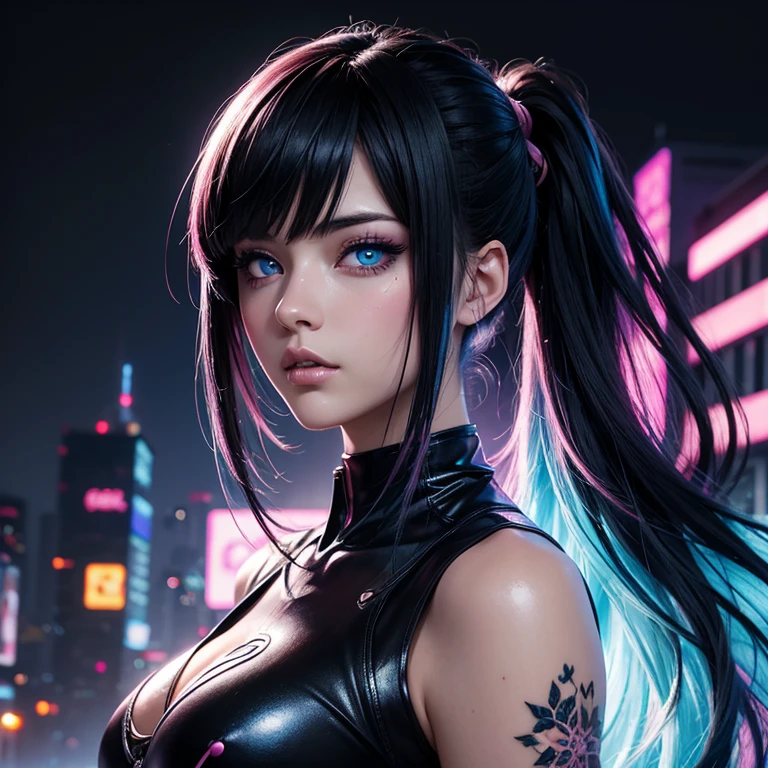 estilo anime detallado,hermosa e impresionante obra de arte, HERMOSO ROSTRO HERMOSOS OJOS,sombras brillantes, colores fuertes, algodón caramelo colores pastell, Una mapache, pelo negro, blue eyes, Fondo cyberpunk con luces rosas y azules