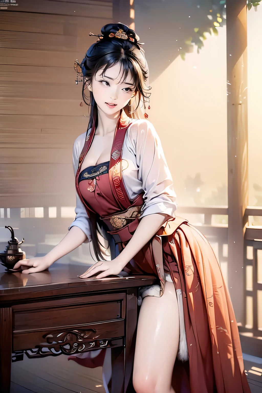 ((high-definition Chinese traditional ink image, hanfu)), eyes realistic sizing, drooping eyes, smiling, ((spread legs, standing and straddling to hit her crotch on a corner of the table for masturbation)), ((pubic hair, large areolas, orgasm)), strong sunlight, old fashion, open mouth, old temple,