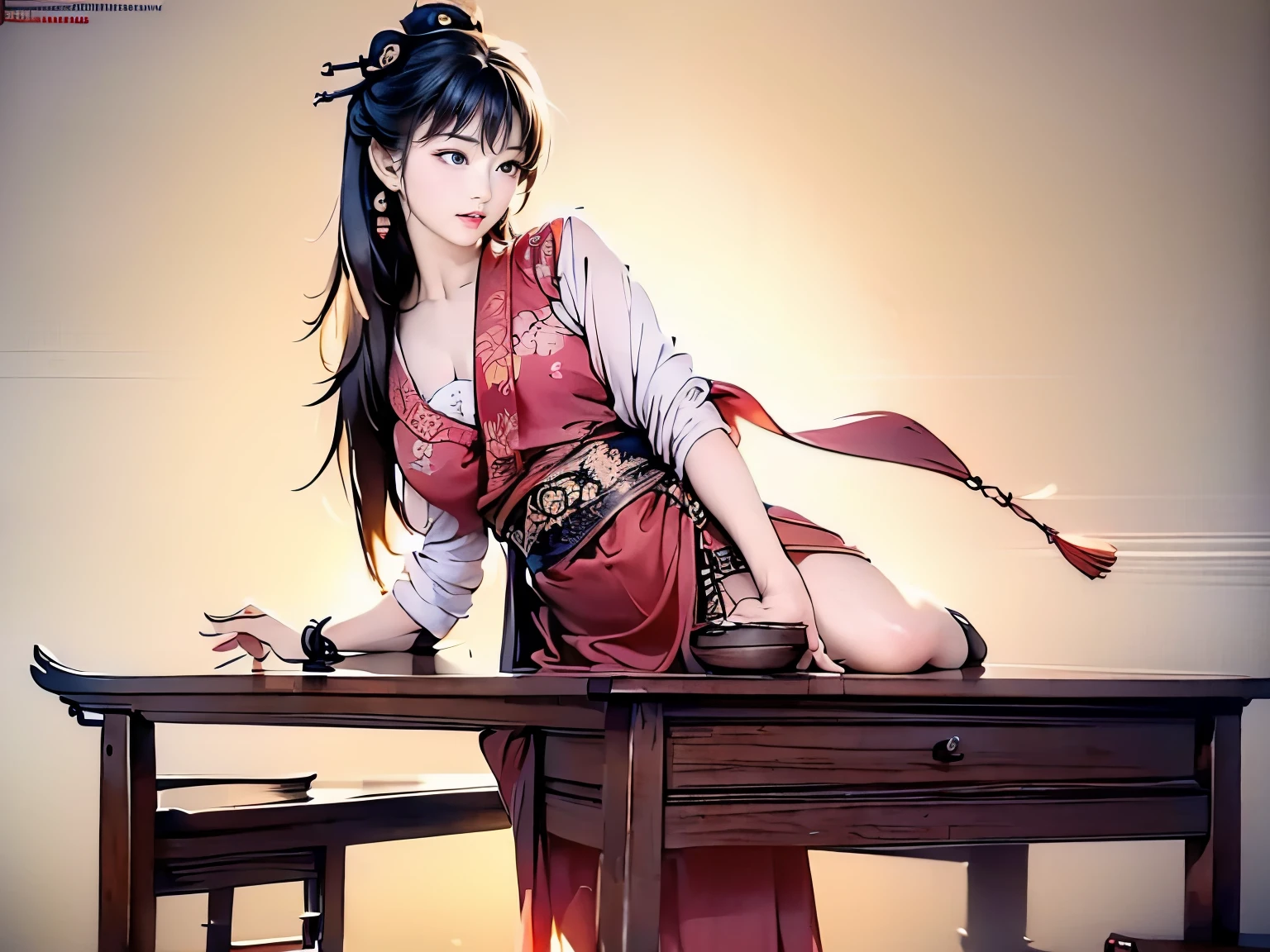 ((high-definition Chinese traditional ink image, hanfu)), eyes realistic sizing, drooping eyes, smiling, ((spread legs, standing and straddling to hit her crotch on a corner of the table for masturbation)), ((pubic hair, large areolas, orgasm)), strong sunlight, old fashion, open mouth, old temple,