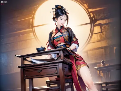 ((high-definition Chinese traditional ink image, hanfu)), eyes realistic sizing, drooping eyes, smiling, ((spread legs, standing...