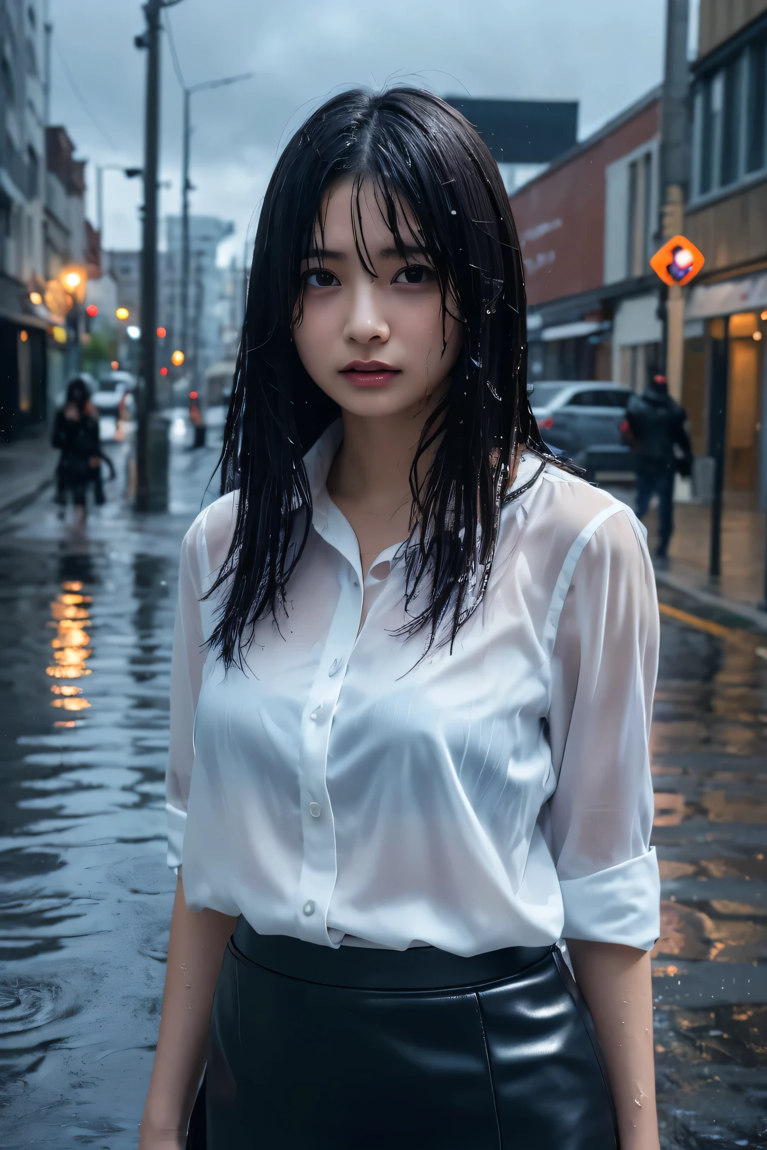 (masterpiece, best quality, 1girl, beautiful office lady, very wet, soaked from heavy rain, long black hair, straight hair, white blouse, dark skirt, serious expression, city street background, detailed scene, reflecting puddles, dark clouds, heavy rain, realistic rain effects)