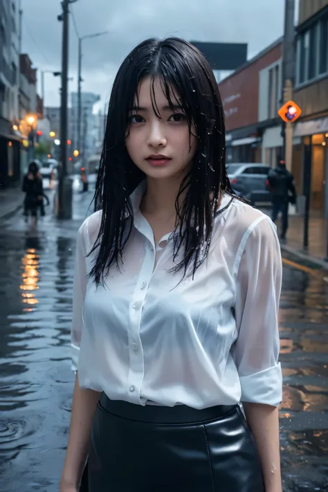 (masterpiece, best quality, 1girl, beautiful office lady, very wet, soaked from heavy rain, long black hair, straight hair, whit...