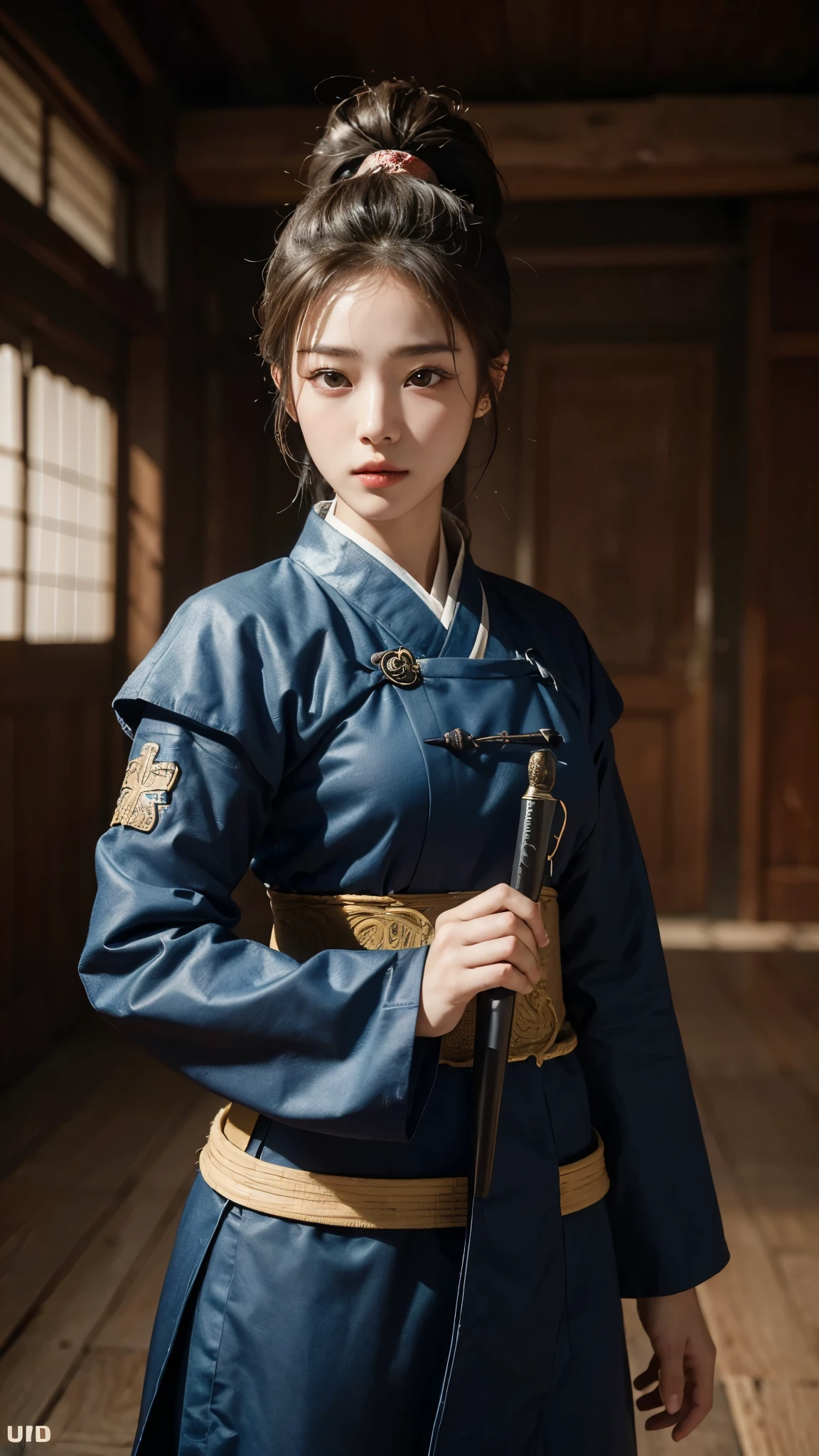 (ultra high definition, high quality,8K, masterpiece: 1.3), korean girl,  female warrior, ponytail, Joseon warrior&#39;clothes, Armor, torn clothes, pale skin, 20 years old, (cut with a knife), (large amount of blood: 1.6), numerous wounds, holding a knife, lying in the mountain valley, Bleeding while lying down, tired face, Half of the body is submerged in water, blood smears, Loose eyes,wear combat uniform, holding a knife