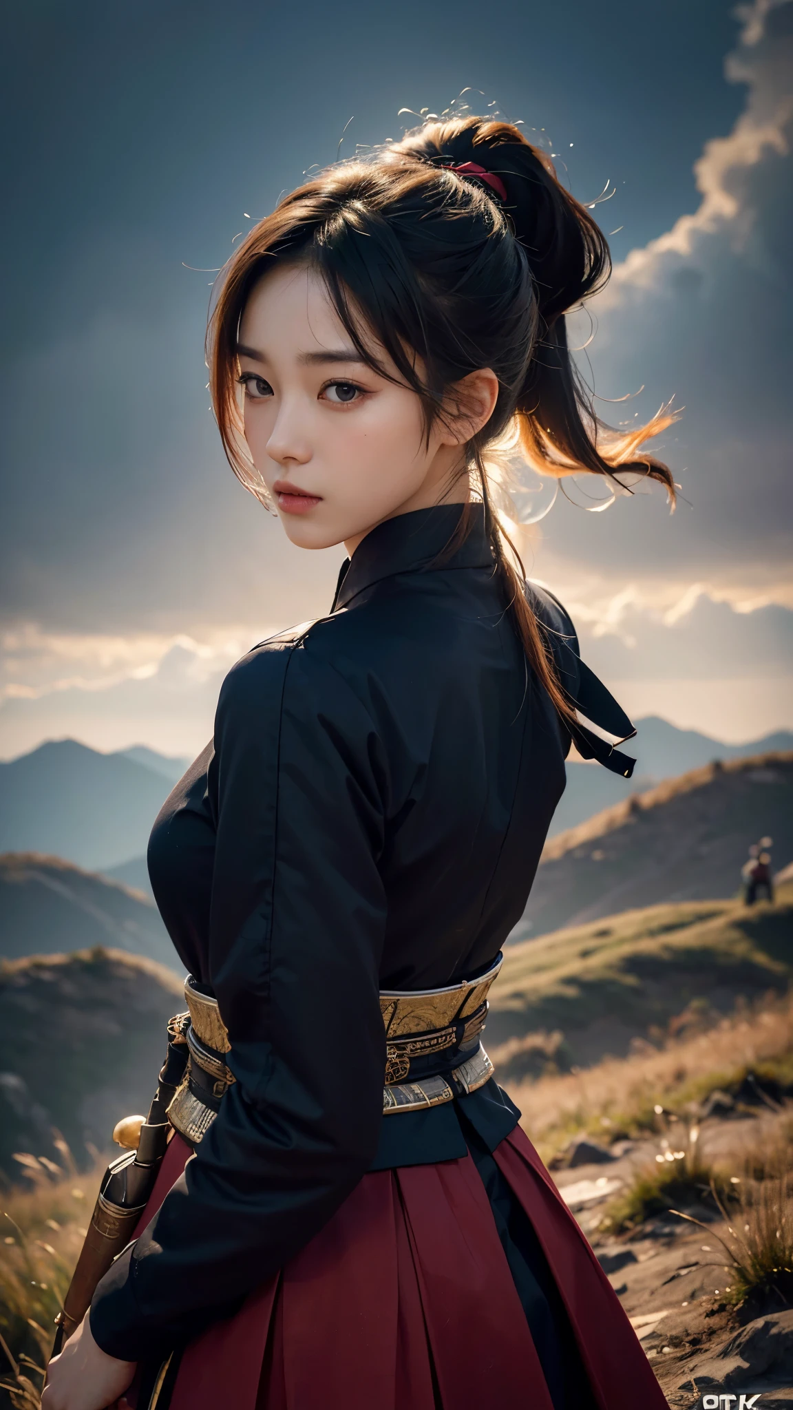 (ultra high definition, high quality,8K, masterpiece: 1.3), korean girl,  female warrior, ponytail, Joseon warrior&#39;clothes, Armor, torn clothes, pale skin, 20 years old, (cut with a knife), (large amount of blood: 1.6), numerous wounds, holding a knife, lying in the mountain valley, Bleeding while lying down, tired face, Half of the body is submerged in water, blood smears, Loose eyes,wear combat uniform, holding a knife