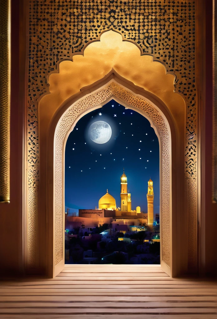 Door way, morrocan interior,islamic lantern  shining bright in the dreamy night stars,with view of mosque , full moon shining bright above the moque,positive ,islamic theme,fantacy,magical,4 resolutions, HD,