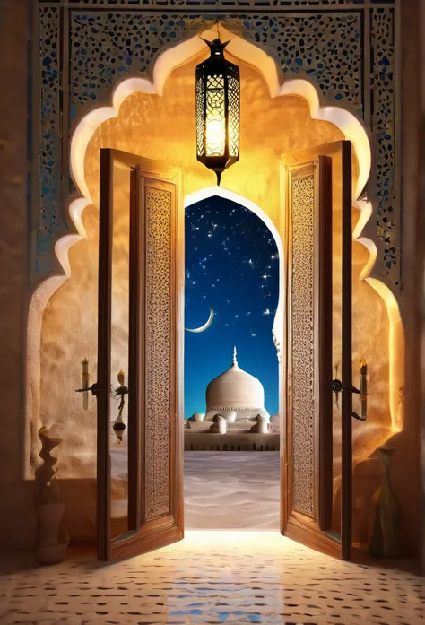 door way, morrocan interior,islamic lantern  shining bright in the dreamy night stars,with view of mosque , full moon shining br...