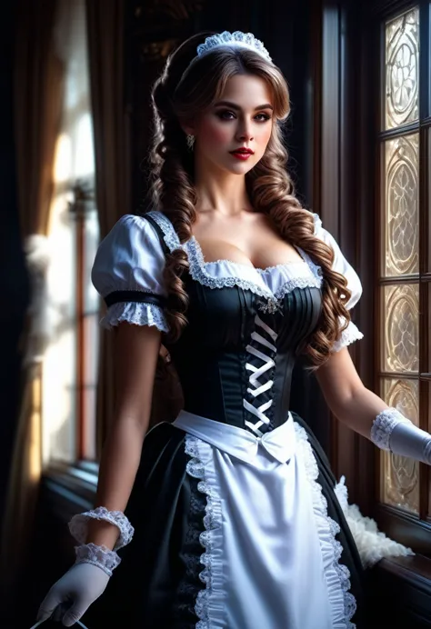 Maid Outfit, a beautiful maid with long flowing hair, detailed eyes, detailed lips, extremely detailed face, long eyelashes, int...