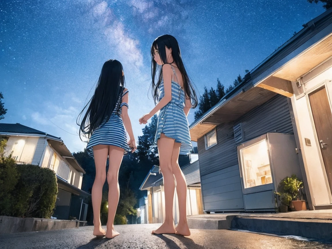 Starry Sky、Girl with long black hair、Light blue and white striped dress、Bare feet and sandals、Sisters Apart in Age、hug、Light blue and white striped panties，Standing posture，