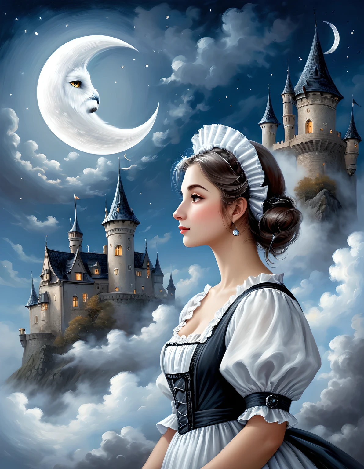 Illustration of a maid with an elaborate and loyal aura, profile, crisp contrasts, gentle touch, accurate detail, precision, fluffy clouds and crescent moon, high-quality oil painting, stunning beautiful touch rendering, artistic clouds and moon, fantasy, fog hanging around an old castle , Flying owls