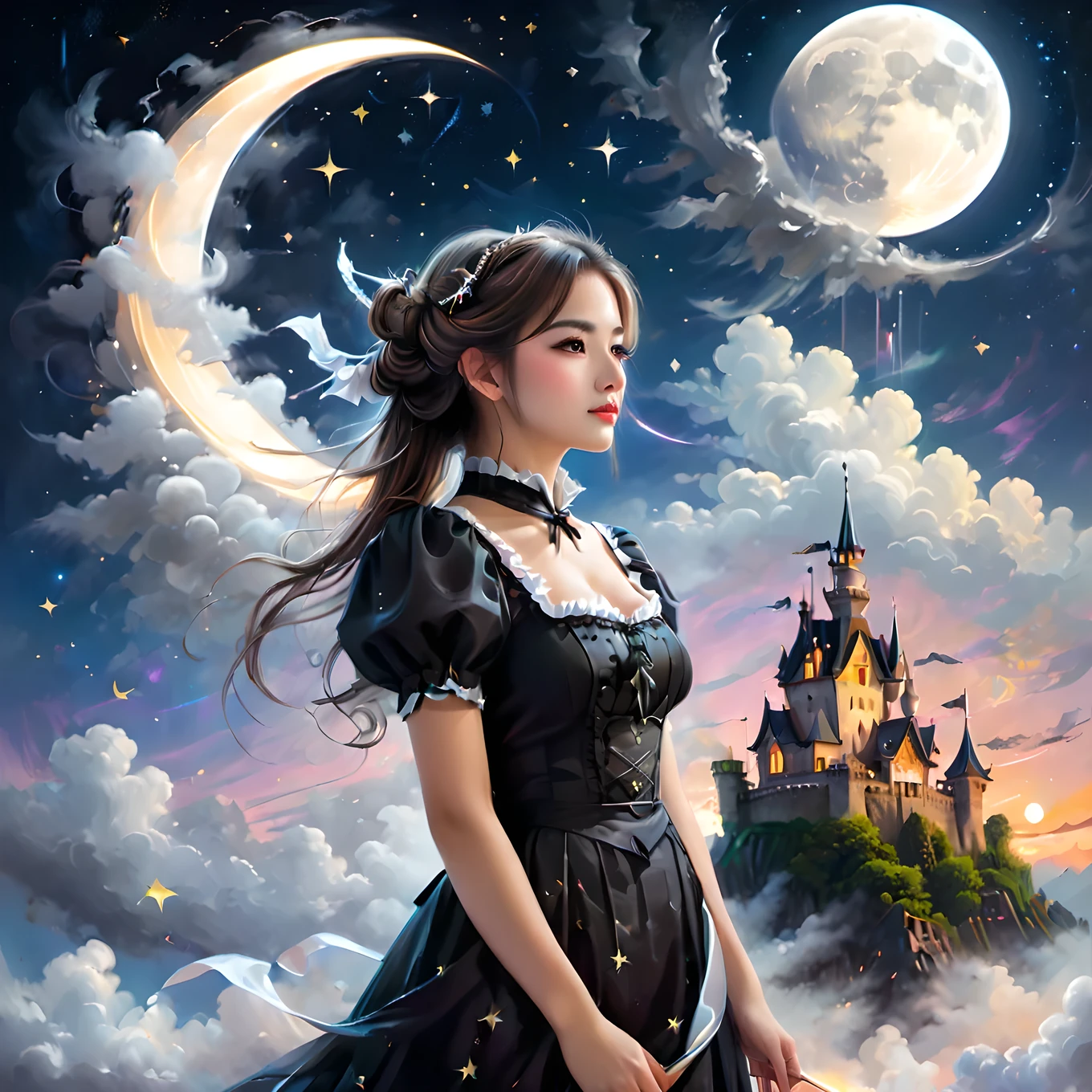 Illustration of maid with elaborate aura of loyalty, profile, crisp contrasts, gentle touch, accurate detail, precision, fluffy clouds and crescent moon, single shooting star, neon-lit shooting star trails, high-quality oil painting, stunningly beautiful touch rendering, artistic Clouds and moon, Fantasy, Fog around old castle, Flying owl
