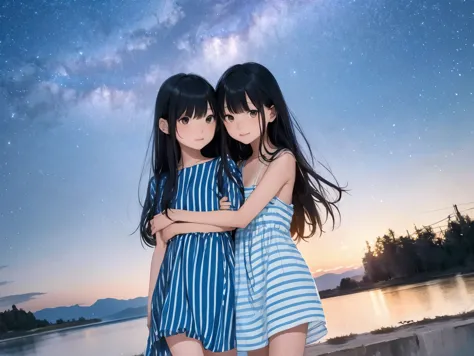Starry Sky、Girl with long black hair、Very short stature，Thin thighs，Light blue and white striped dress、Bare feet and sandals、Sis...