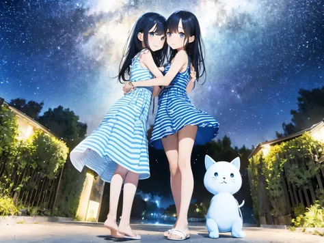 Starry Sky、Girl with long black hair、Very short stature，Thin thighs，Light blue and white striped dress、Bare feet and sandals、Sis...