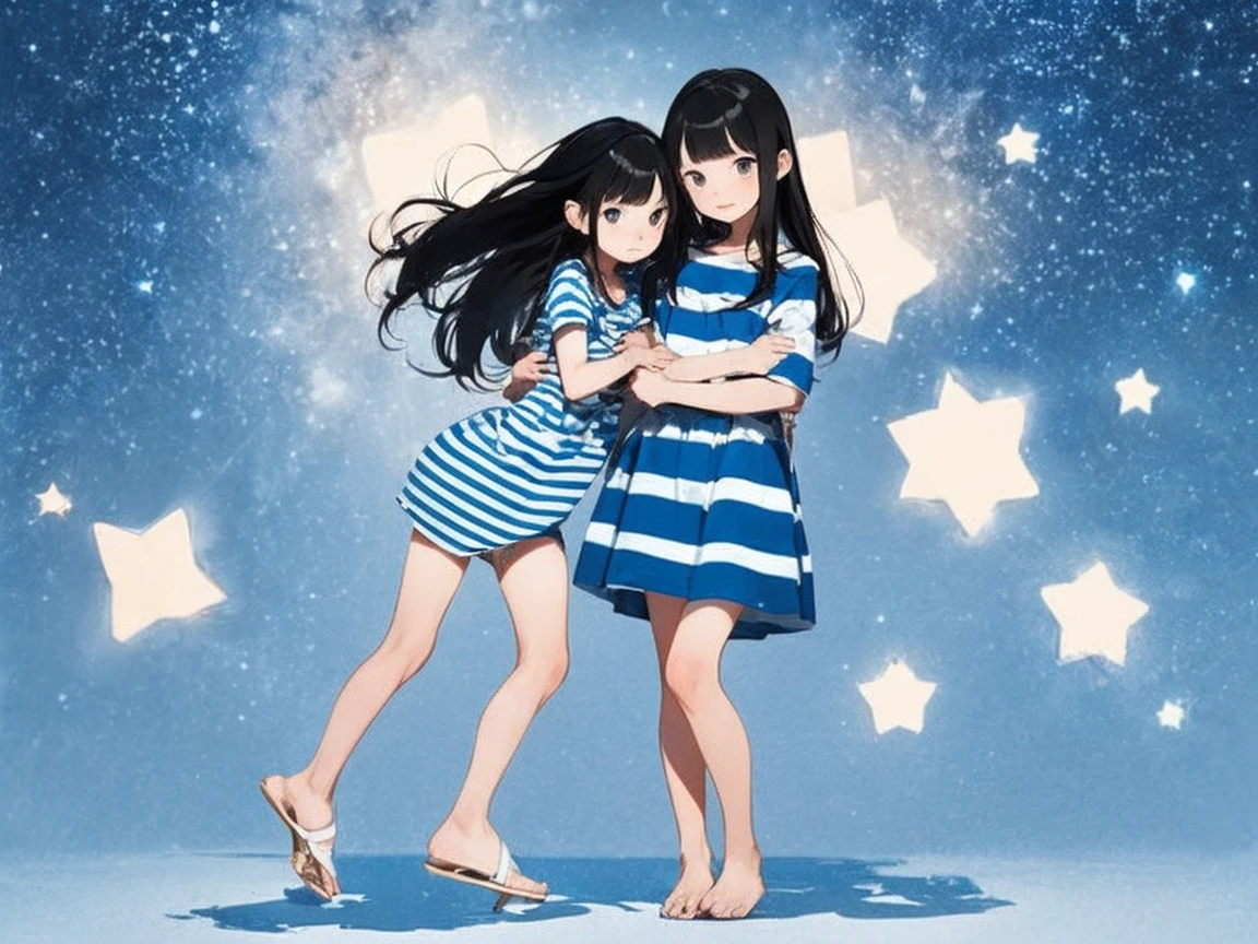 Starry Sky、Girl with long black hair、Very short stature，Thin thighs，Light blue and white striped dress、Bare feet and sandals、Sisters Apart in Age、hug、Light blue and white striped panties，Standing posture，