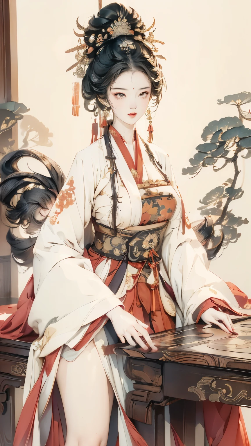((high-definition Chinese traditional ink image, hanfu)), eyes realistic sizing, drooping eyes, smiling, ((spread legs, standing and straddling to hit her crotch on a corner of the table for masturbation)), ((pubic hair, large areolas, orgasm, intense mating)), old fashion, open mouth, old temple,
