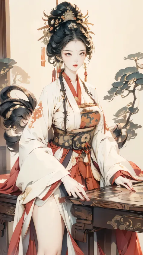 ((high-definition Chinese traditional ink image, hanfu)), eyes realistic sizing, drooping eyes, smiling, ((spread legs, standing...