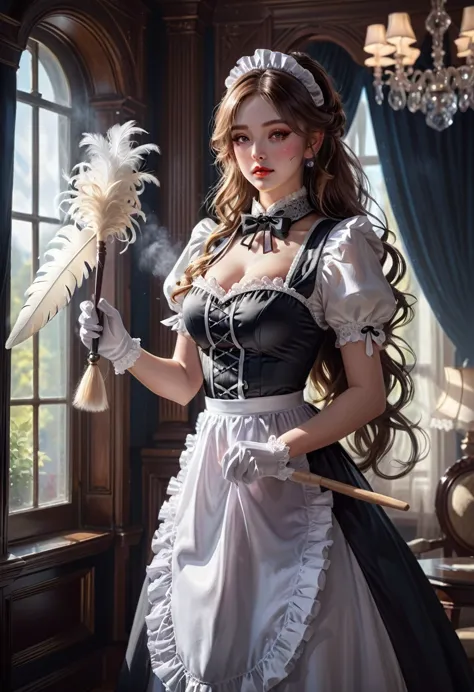 Maid Outfit, a beautiful maid with long flowing hair, detailed eyes, detailed lips, extremely detailed face, long eyelashes, int...