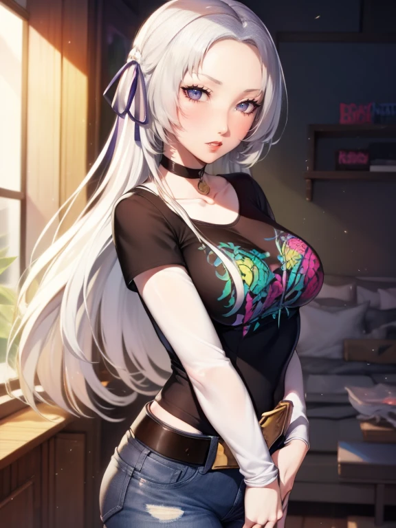 edelgard_academy, hair ribbon, long hair, brown hair, purple eyes, glossy lips , 1girl, solo, black t-shirt, white shirt, jeans, belt, lipstick, large breasts
