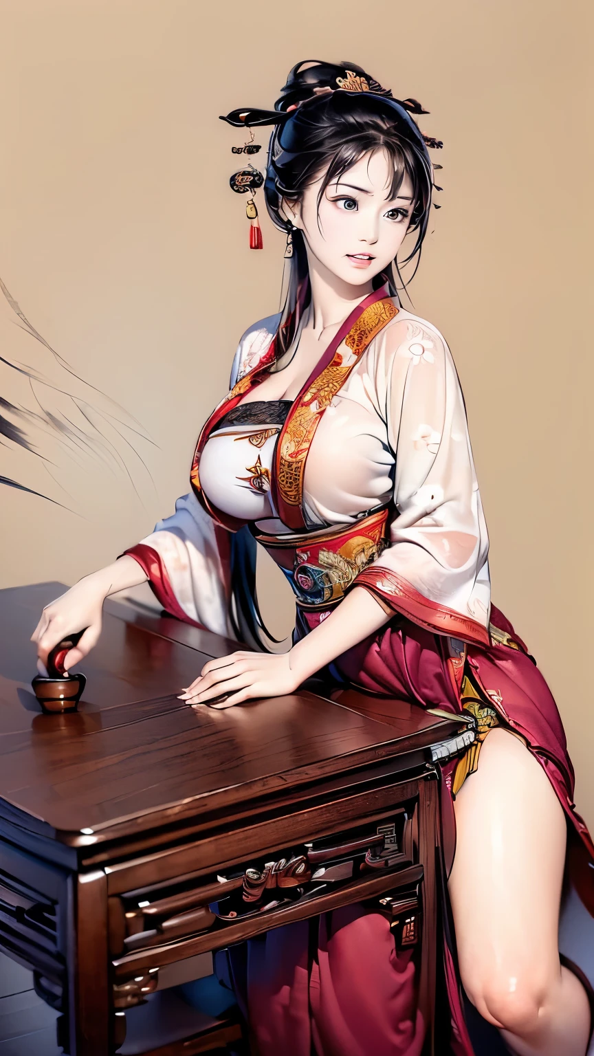 ((hochauflösendes traditionelles chinesisches Tuschebild, hanfu)), Augen realistische Dimensionierung, hängende Augen, lächelnd, ((Beine spreizen, Stehend und spreizend, um ihren Schritt an einer Ecke des Tisches zur Masturbation anzuschlagen)), ((Schamhaar, große Warzenhöfe, Orgasmus, intensive Paarung)), Alte Mode, offener Mund, alter Tempel,