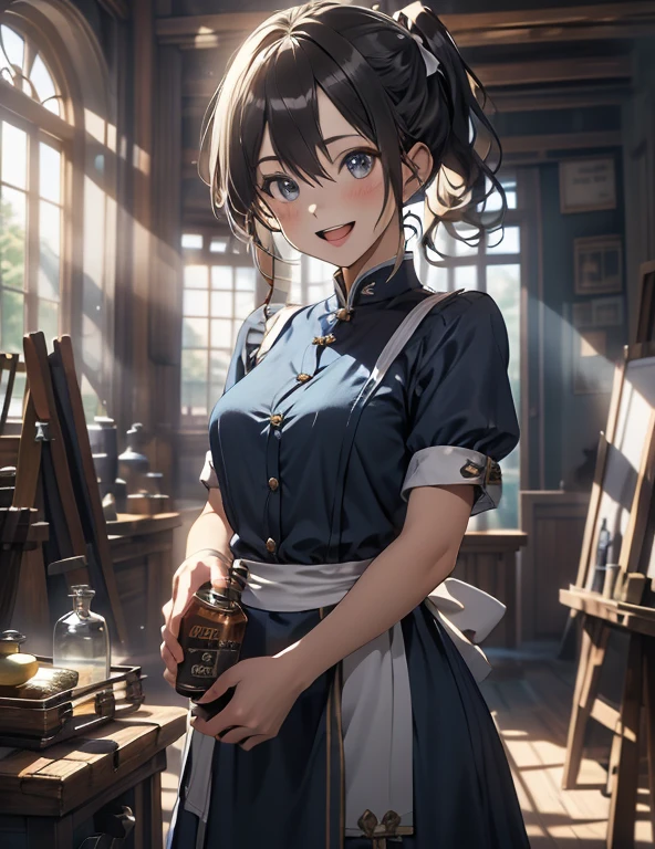 (fantasy:1.5),(anime,8k,masterpiece, top quality, best quality,beautiful and aesthetic:1.2,professional illustrasion:1.1,ultra detail:1.3,perfect lighting),extremely detailed,highest detailed,incredibly absurdres , highres, ultra detailed,intricate:1.6,(Alchemy Workshop:1.4),A girl mixing,Medicine in many small bottles,holding small potion,colorful:1.4,zentangle,(1girl),(girl),(Three kingdoms female warload),(highly detailed beautiful face and eyes,firm breasts),oily skin,((black,hair,short bob with short pony tail hair)),thin pubic hair,cute,lovely,34 years old,alchemist costume,Merchant's Clothing,smile,in the kitchen,smile,seductive weak smiling,(with sparkling eyes and a contagious smile),open mouth, Looking at Viewer, 