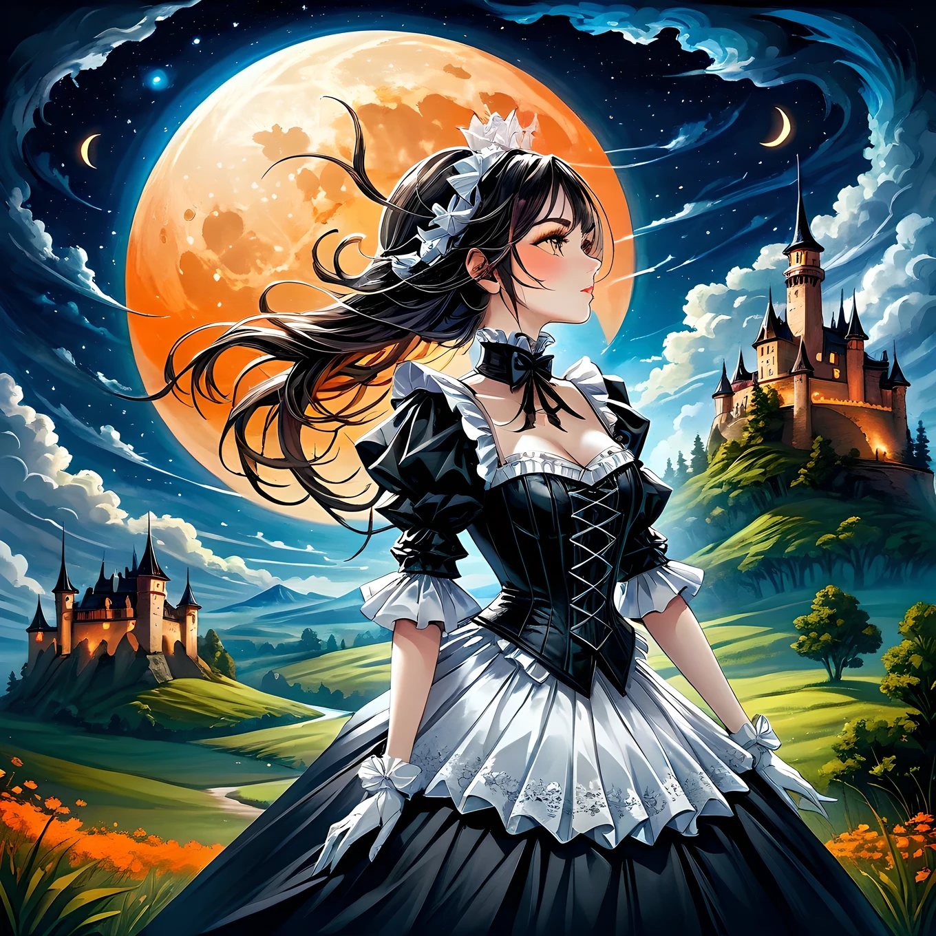 Elaborate illustration of maid with aura of loyalty, intricate detailed corset, profile, vivid contrasts, gentle touch rendering, exact detail, precision, fluffy clouds and crescent moon, single shooting star, (orange neon shooting star trails), high quality oil painting, stunning Beautiful touch rendering, Artistic clouds and moon, Fantasy, Fog around an old castle 