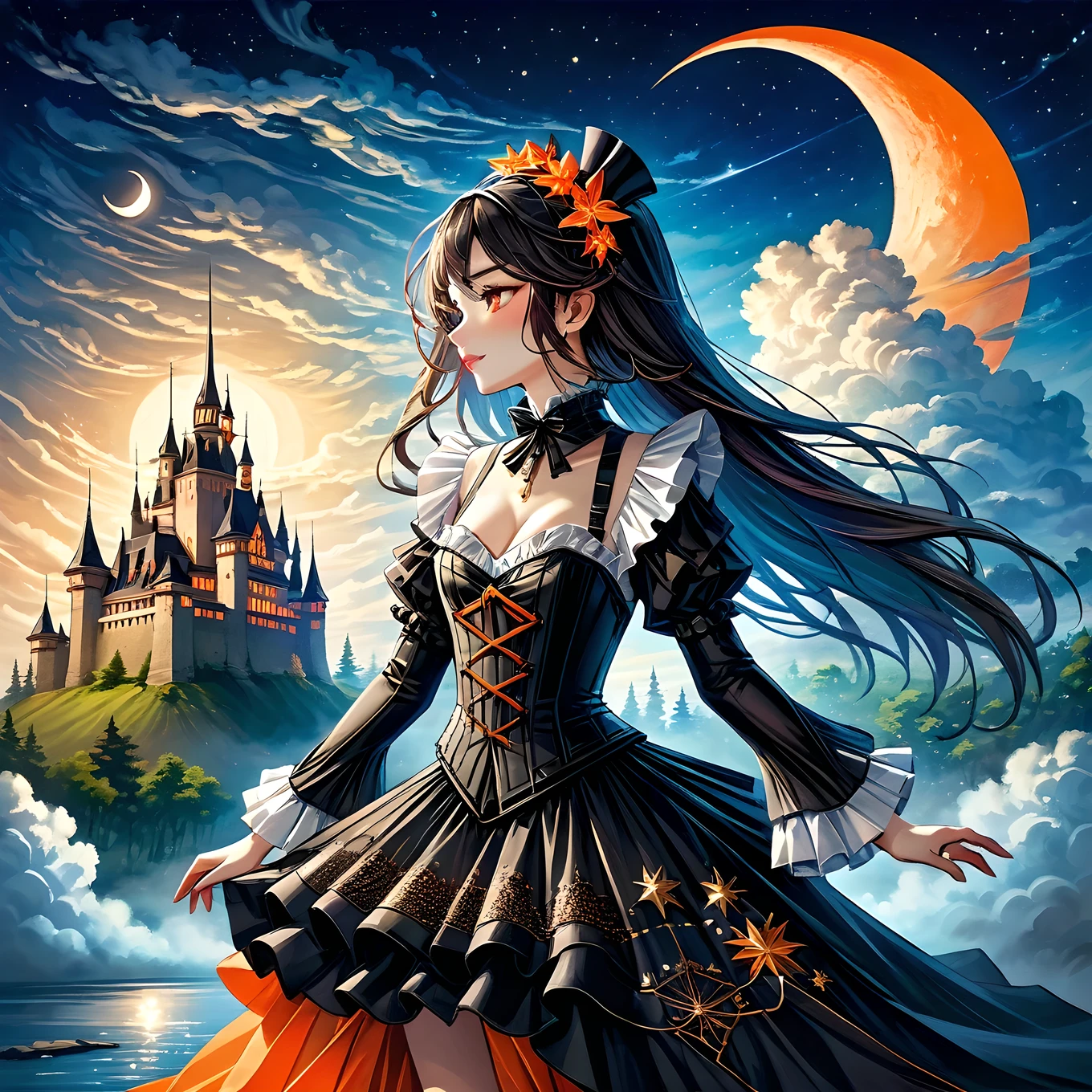 Elaborate illustration of maid with aura of loyalty, intricate detailed corset, profile, vivid contrasts, gentle touch rendering, exact detail, precision, fluffy clouds and crescent moon, single shooting star, (orange neon shooting star trails), high quality oil painting, stunning Beautiful touch rendering, Artistic clouds and moon, Fantasy, Fog around an old castle 