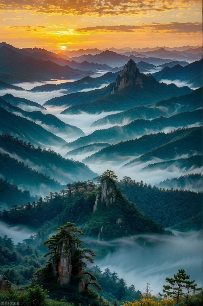 Landscape Photography，Huangshan，Mountain，Sunset，Golden Hour，pine，National Geographic Works，Award-winning photos，reality，HD，high quality，HDR，8K