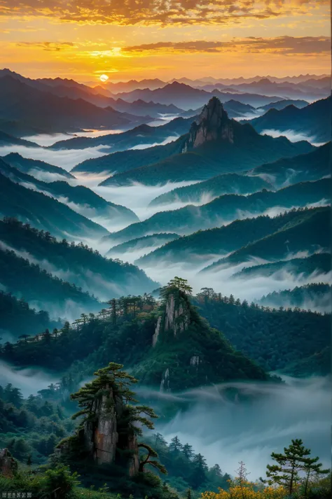 landscape photography，huangshan，mountain，sunset，golden hour，pine，national geographic works，award-winning photos，reality，hd，high ...