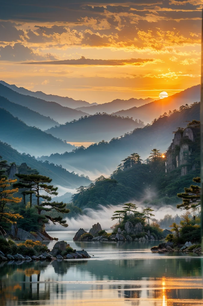 Landscape Photography，Huangshan，Mountain，Sunset，Golden Hour，pine，National Geographic Works，Award-winning photos，reality，HD，high quality，HDR，8K