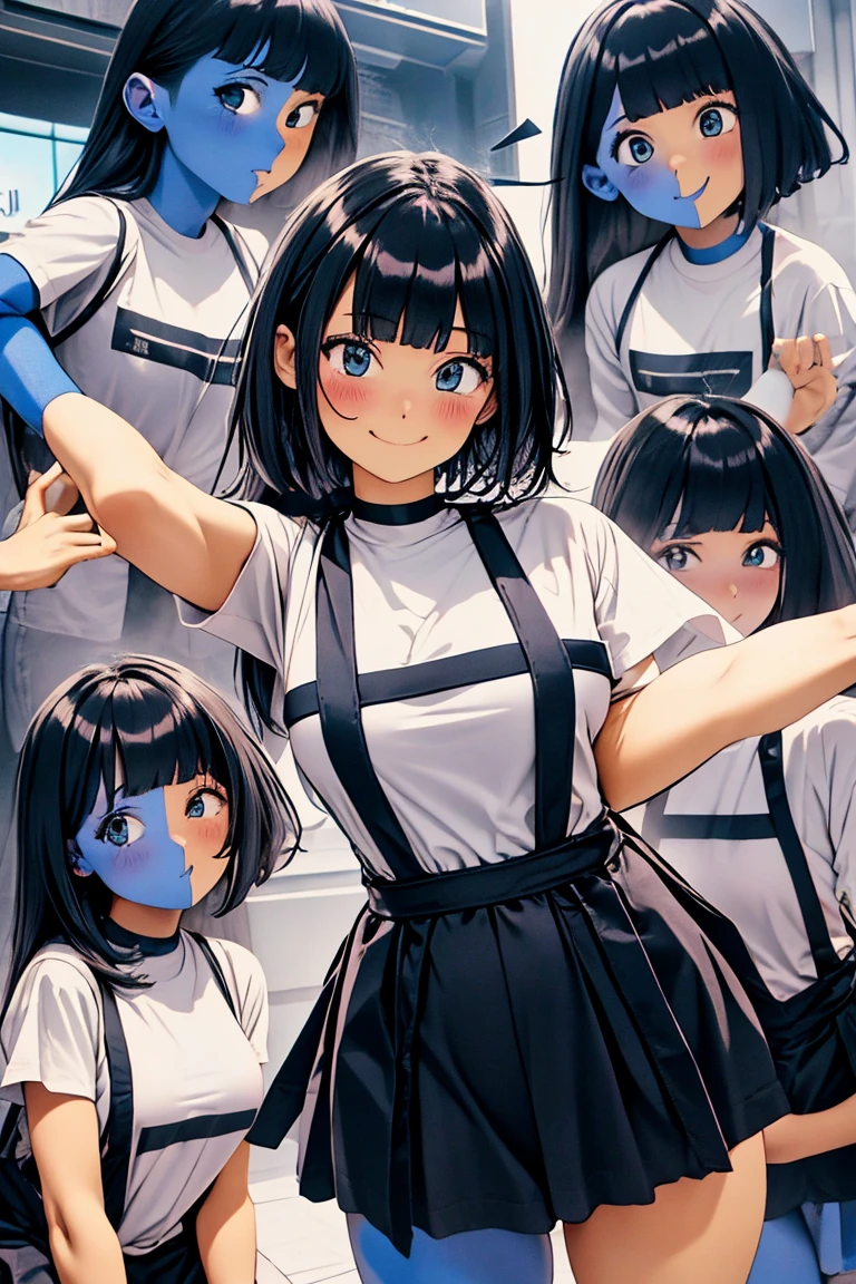 Ena (Joel G.), Chromatophore (The right is blue, On the left is), White T-shirt, Black dress, 1 Girl, Black socks (Right thigh and above, Left ankle), Granular effect on hair, Perfect anatomical structure, Better Hands, Anime style, Cowboy shot extra large breasts breast enlargement breasts white T-shirt black suspender skirt blushing and smiling looking at the camera full-body shot standing alone at the station 
