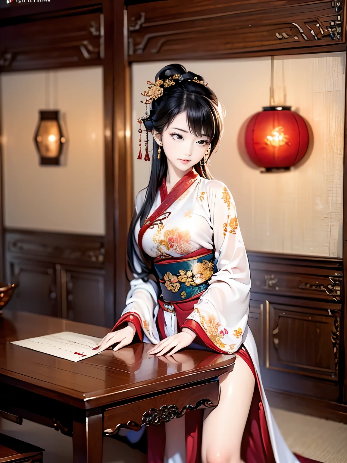 ((hochauflösendes traditionelles chinesisches Tuschebild, hanfu)), Augen realistische Dimensionierung, hängende Augen, lächelnd, ((Beine spreizen, Stehend und spreizend, um ihren Schritt an einer Ecke des Tisches zur Masturbation anzuschlagen)), ((Schamhaar, Genitalien, hockend, große Warzenhöfe, orgasmus gesicht, intensive Paarung)), Alte Mode, offener Mund, 