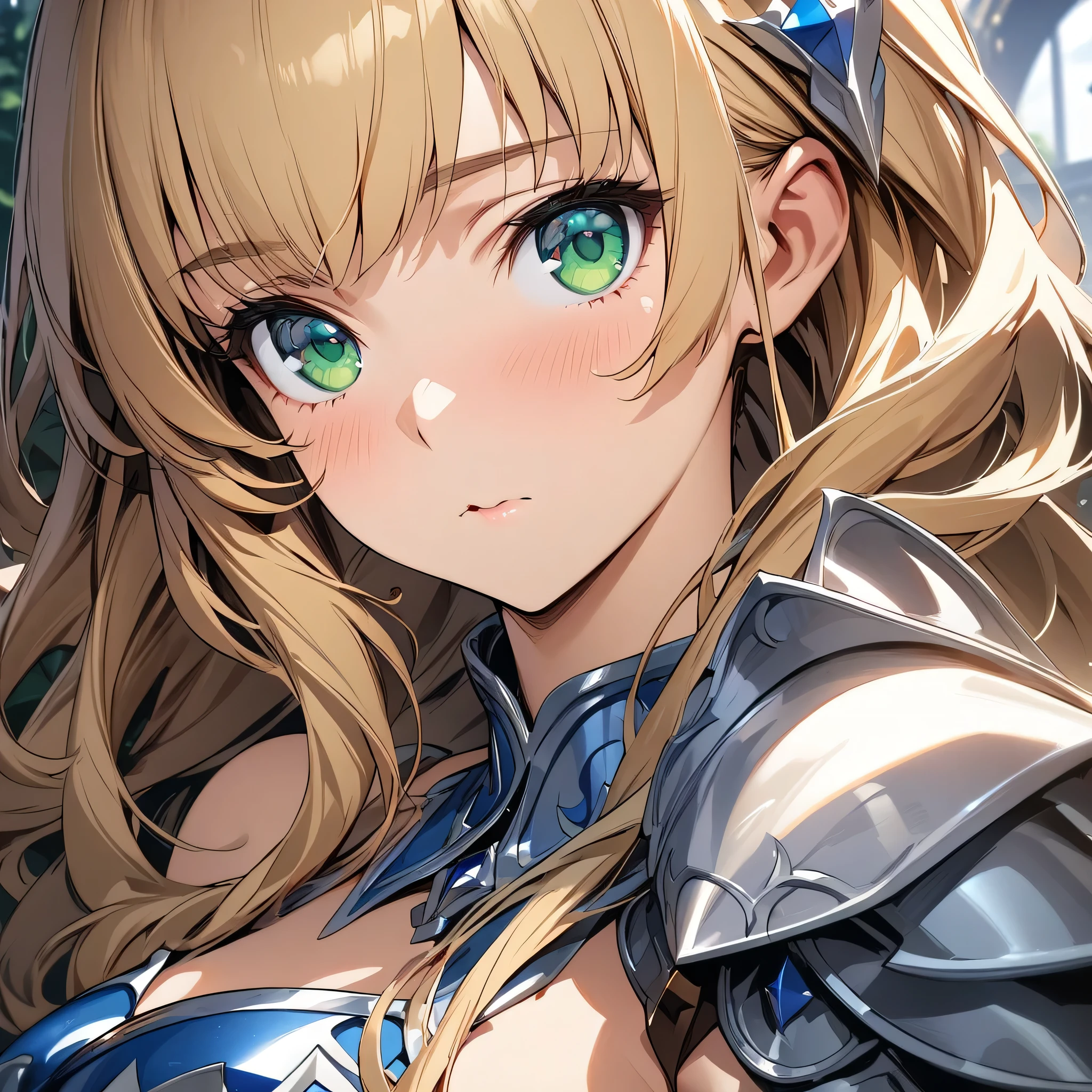 (masterpiece),(best quality),(ultra-detailed),(best illustration),(best shadow),(absurdres),(detailed background),(very aesthetic), 1girl, solo, cinderella(qbg), green eyes, blonde hair, armor, long hair, shoulder armor, thighhighs, detached collar, bikini armor, pauldrons, portrait, very close-up