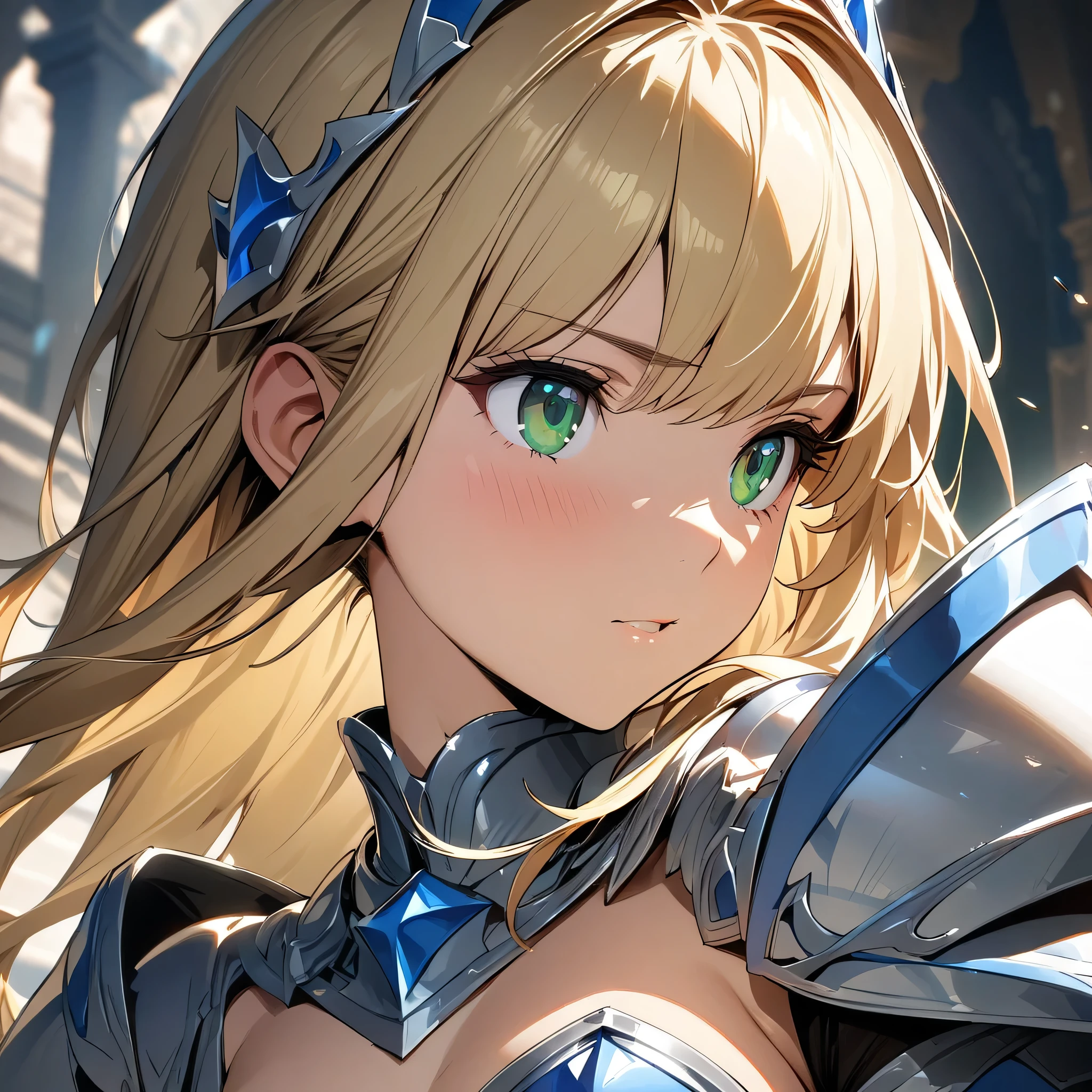 (masterpiece),(best quality),(ultra-detailed),(best illustration),(best shadow),(absurdres),(detailed background),(very aesthetic), 1girl, solo, cinderella(qbg), green eyes, blonde hair, armor, long hair, shoulder armor, thighhighs, detached collar, bikini armor, pauldrons, portrait, very close-up