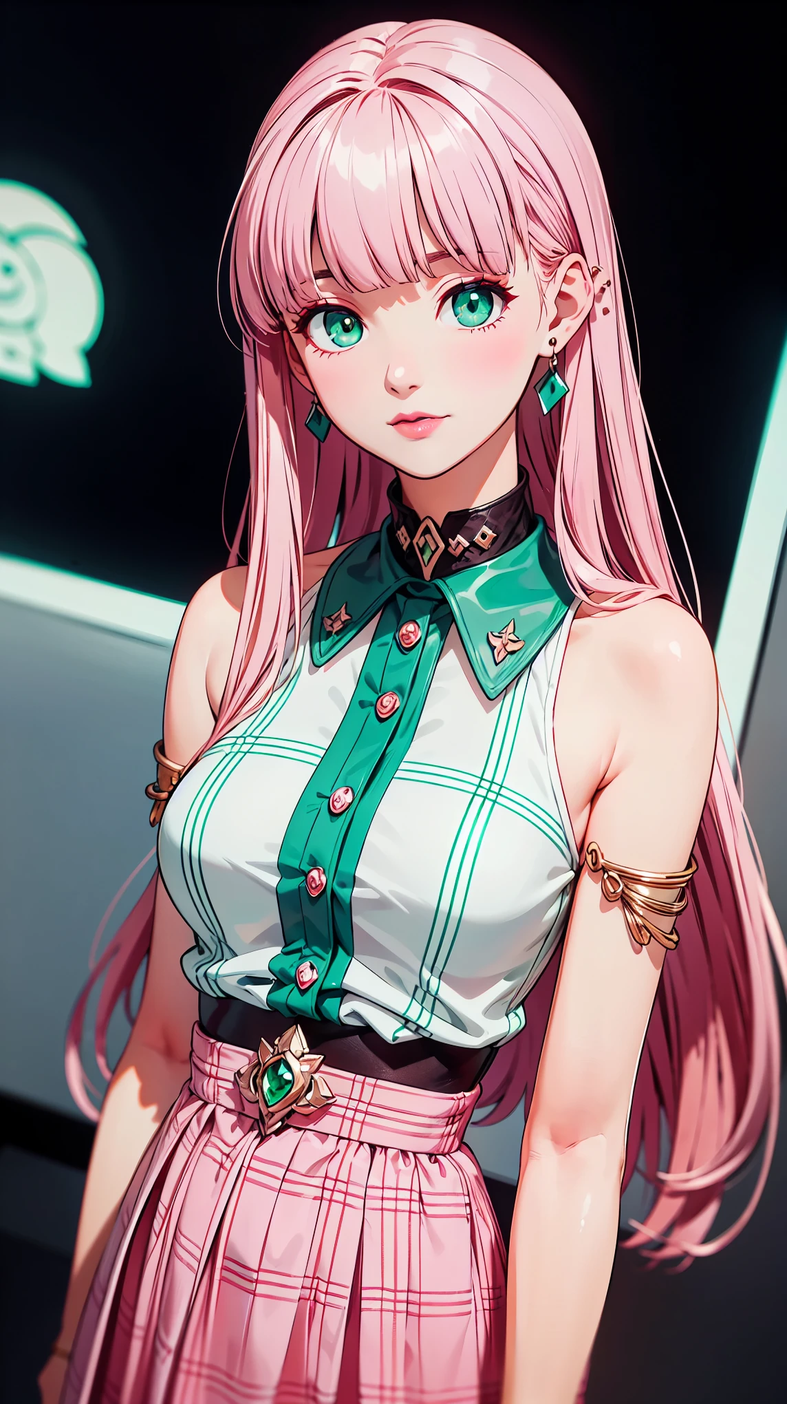 {{{{tmasterpiece}}}}, {{{ultra - detailed}}}, {{{A high resolution}}}, {{Good anatomy}}, (((Best quality at best))), ((Maximalism)),((Emerald eyes,with pink hair)),{{Extremely detailed and refined}}, {8k CG wallpaper}, {{illustratio,Get on camera,closeup of face,Face portrait}}, (long  hair|straight hair|white hair|detailed hair|blunt bangs|shinny hair),((plaid blouse: The red and brown,vintage hairstyle,plain style)),shy face,ear rings,girlfriend lens,(1 girl:1), Alone,little breast, (color difference:1.2)
