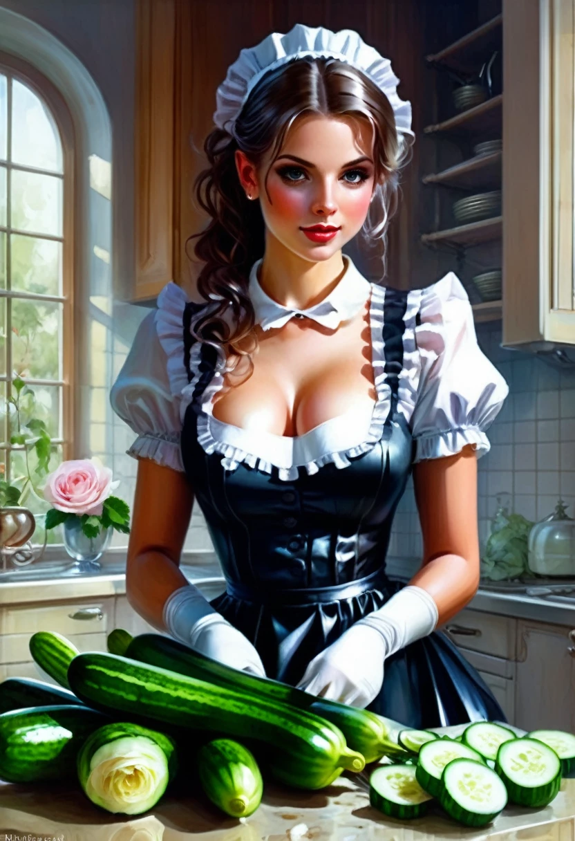roupa de empregada, linda empregada francesa com roupa de látex branco cortando pepino na cozinha com faca, cara bonita , recursos bonitos, pose bonita, delicado, inocente, cozinha bonita, rosas, luz, detalhado, acrílico, aquarela, royo