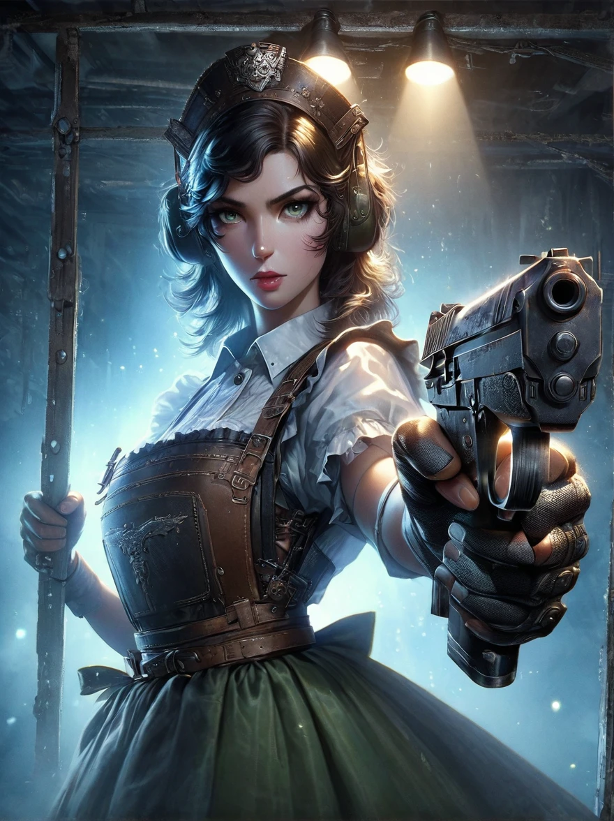 Realistic portraits of Soviet maids in an old photo studio, Maid costume, Holding a gun，Aim at you，dark light, heavy atmosphere, Pastel colors of skirts, Light skin face, Rembrandt Light, Andrea Kowch Style，bruce munro style , Character concept design, 