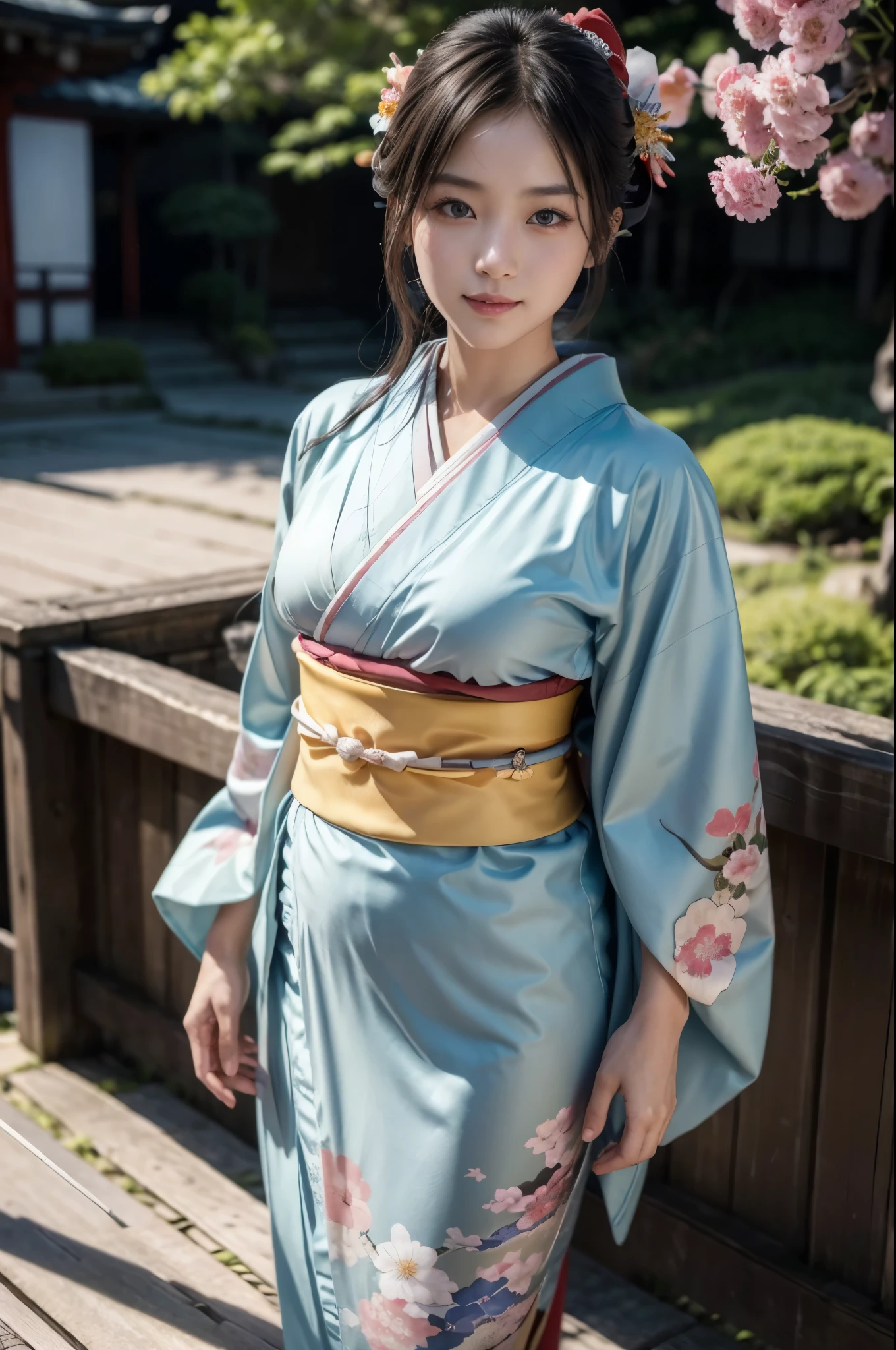 (masterpiece, highest quality, Realistic, High resolution, photograph, :1.3), Sharp focus, 1 Cute Japanese Girl, Hot Model, Highly detailed eyes and pupils, Realistic Skin, Highly detailed hair, Delicate face, Sensual look, Bright lips, Natural Lip, ((whole body shot)), standing pose, smile, (Kimono:1.5), (Floral:1.2), ((sash)), ((obi)), outside of home, (Japanese Style Country), full body,