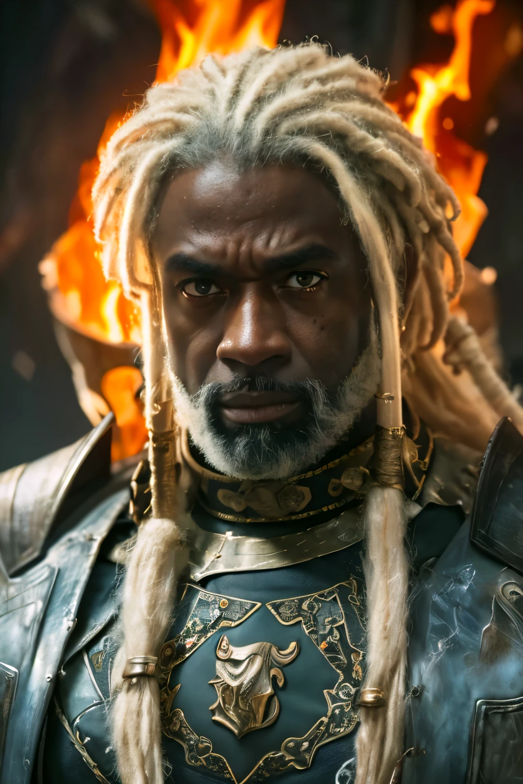 Upper body, (((Cinematic epic poster))) of Corlys Velaryon , a old Black Man, 60 years old, ((white dreadlock hair)), Gothic style, (((detailed face))), (a detailed RAW photo of a ), (master part:1.0), (best quality:1.4), (Ultra Highres:1.2), (photorealistic:1.4), 8K resolution, Canon EOS R5, 50 millimeters, Absurd, Ultra Detailed, sharp focus, Cinematic lighting, detailed face, (ULZZANG-6500-V1.1), detailed skin texture, pale skin, chest round, (pale :0.5), Cinematic lighting. (((Abstract flame background, cinematic lighting )))