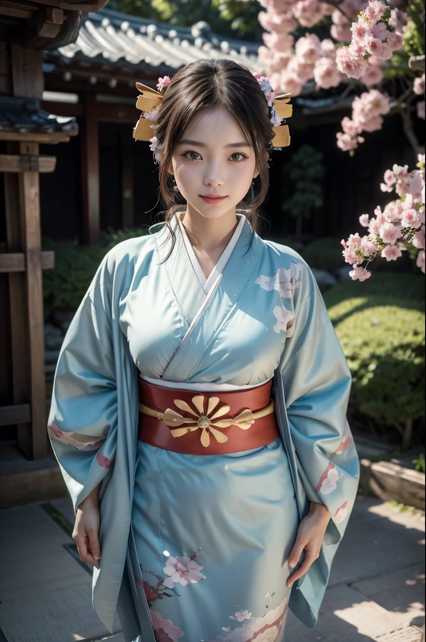 (masterpiece, highest quality, Realistic, High resolution, photograph, :1.3), Sharp focus, 1 Cute Japanese Girl, Hot Model, Highly detailed eyes and pupils, Realistic Skin, Highly detailed hair, Delicate face, Sensual look, Bright lips, Natural Lip, ((whole body shot)), standing pose, smile, (Kimono:1.5), (Floral:1.2), ((sash)), ((obi)), outside of home, (Japanese Style Country), full body,