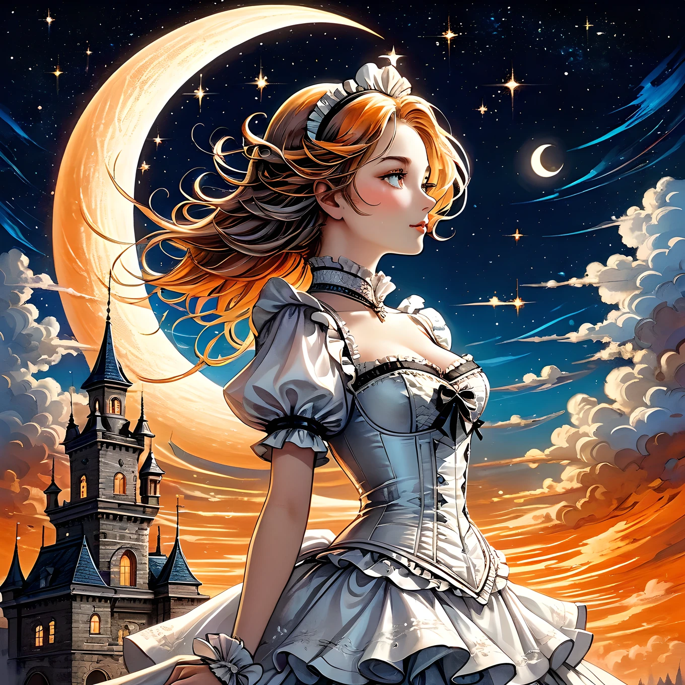 Elaborate illustration of maid with aura of loyalty, intricate detailed corset, profile, vivid contrasts, gentle touch rendering, exact detail, precision, fluffy clouds and crescent moon, single shooting star, (orange neon shooting star trails), high quality oil painting, stunning Beautiful touch rendering, Artistic clouds and moon, Fantasy, Fog around an old castle, glittering star