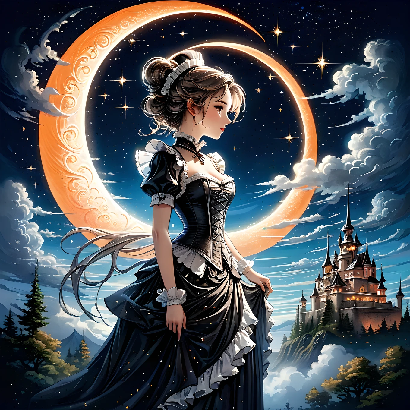 Elaborate illustration of maid with aura of loyalty, intricate detailed corset, profile, vivid contrasts, gentle touch rendering, exact detail, precision, fluffy clouds and crescent moon, single shooting star, (orange neon shooting star trails), high quality oil painting, stunning Beautiful touch rendering, Artistic clouds and moon, Fantasy, Fog around an old castle, glittering star