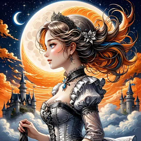 Elaborate illustration of maid with aura of loyalty, intricate detailed corset, profile, vivid contrasts, gentle touch rendering...