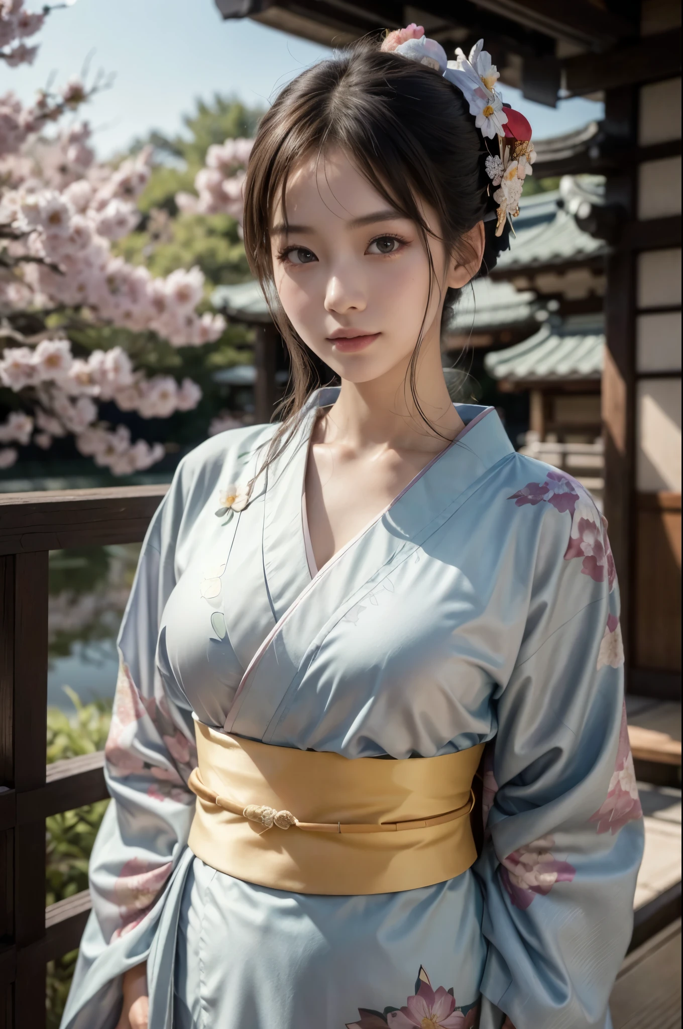 (masterpiece, highest quality, Realistic, High resolution, photograph, :1.3), Sharp focus, 1 Cute Japanese Girl, Hot Model, Highly detailed eyes and pupils, Realistic Skin, Highly detailed hair, Delicate face, Sensual look, Bright lips, Natural Lip, ((whole body shot)), standing pose, smile, (Kimono:1.5), (Floral:1.2), ((sash)), ((obi)), outside of home, (Japanese Style Country), full body,