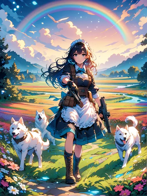 French countryside，Illustration of a cute girl，Black long hair，Wearing maid outfit, maid，Holding a white dog，Walking in the flow...