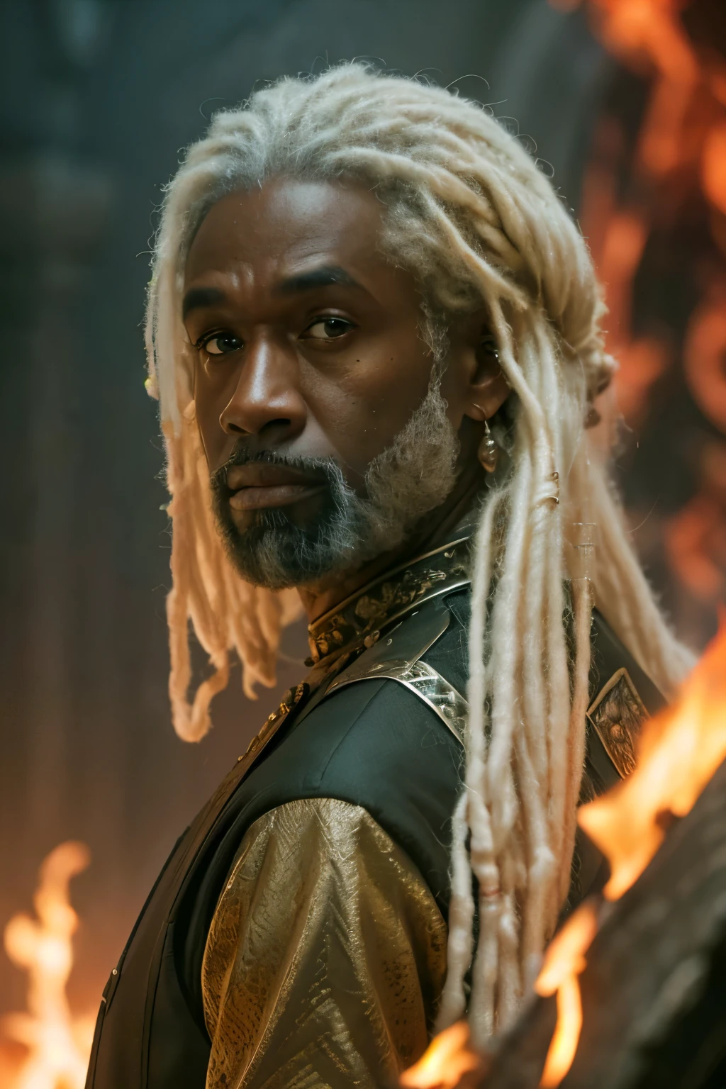 Upper body, (((Cinematic epic poster))) of Corlys Velaryon , a old Black Man, 60 years old, ((white dreadlock hair)), facial expression, Gothic style, (((detailed face))), (a detailed RAW photo of a ), (master part:1.0), (best quality:1.4), (Ultra Highres:1.2), (photorealistic:1.4), 8K resolution, Canon EOS R5, 50 millimeters, Absurd, Ultra Detailed, sharp focus, Cinematic lighting, detailed face, (ULZZANG-6500-V1.1), detailed skin texture, pale skin, chest round, (pale :0.5), Cinematic lighting. (((Abstract flame background, cinematic lighting )))