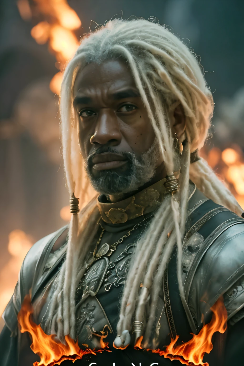 Upper body, (((Cinematic epic poster))) of Corlys Velaryon , a old Black Man, 60 years old, ((white dreadlock hair)), facial expression, Gothic style, (((detailed face))), (a detailed RAW photo of a ), (master part:1.0), (best quality:1.4), (Ultra Highres:1.2), (photorealistic:1.4), 8K resolution, Canon EOS R5, 50 millimeters, Absurd, Ultra Detailed, sharp focus, Cinematic lighting, detailed face, (ULZZANG-6500-V1.1), detailed skin texture, pale skin, chest round, (pale :0.5), Cinematic lighting. (((Abstract flame background, cinematic lighting )))