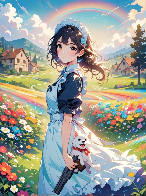 French countryside，Illustration of a cute girl，Black long hair，Wearing maid outfit, maid，Holding a white dog，Walking in the flow...